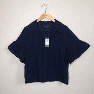 New TOMMY HILFIGER Womens Medium Navy‎ Blue Slub Cotton Gauze Bermuda Top Ruffle